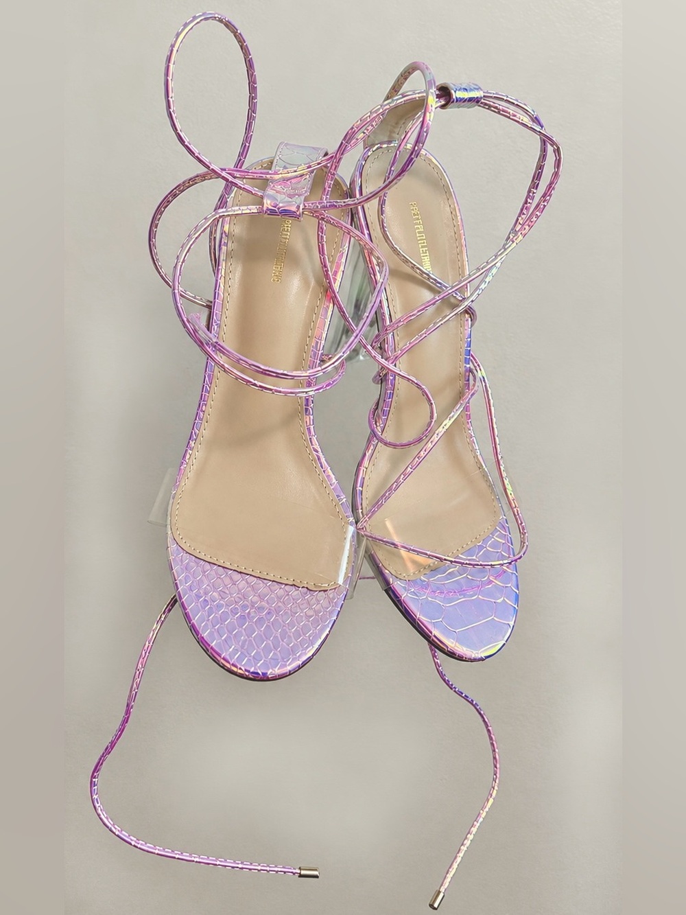 PrettyLittleThing Women’s Iridescent Lavender/Pink Strappy Heels